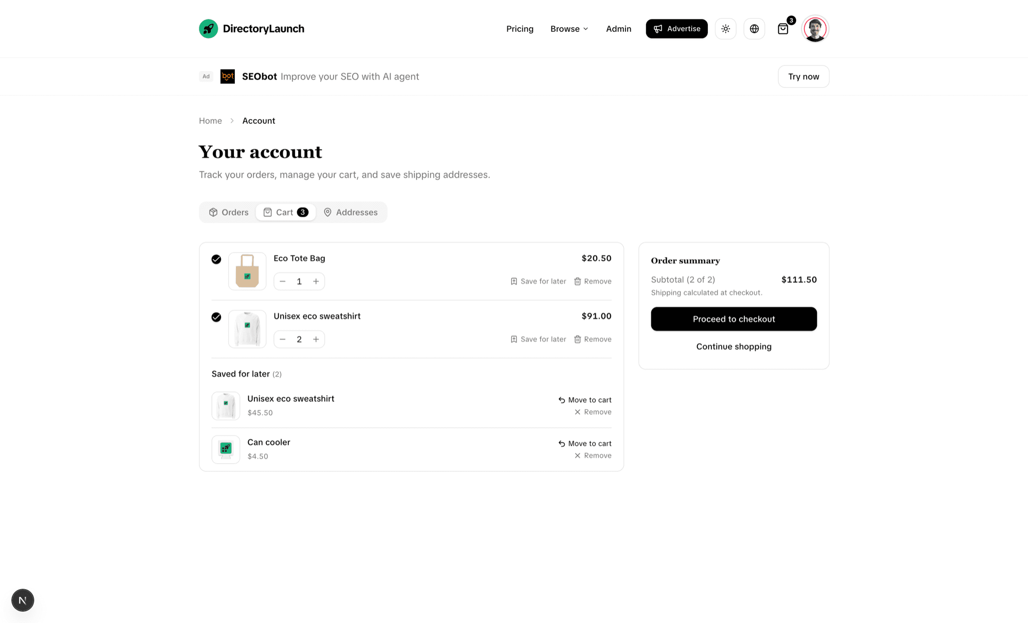 Customer account page with Orders, Cart and Addresses tabs showing the cart and order summary