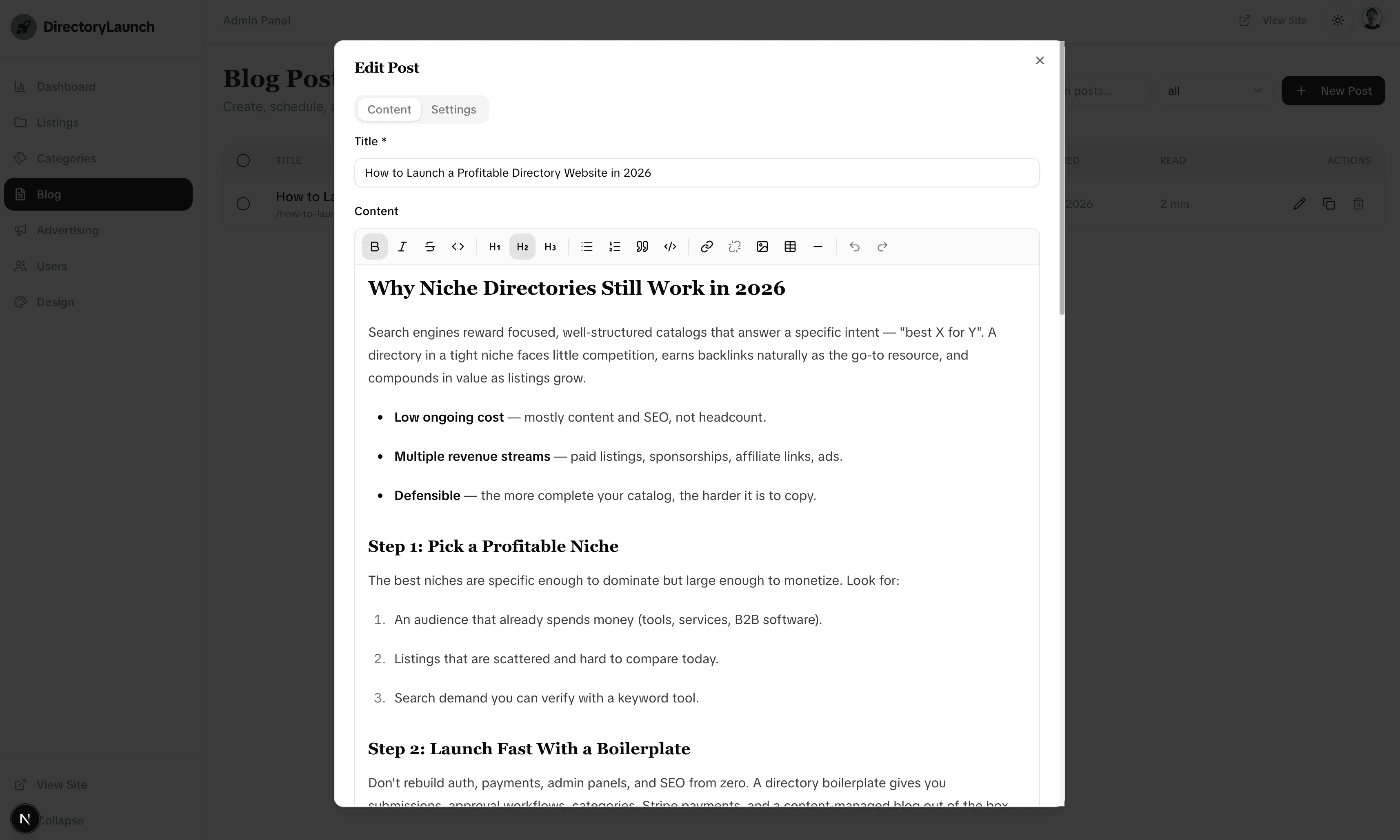 Edit Post dialog in the admin panel with a rich-text editor and formatting toolbar