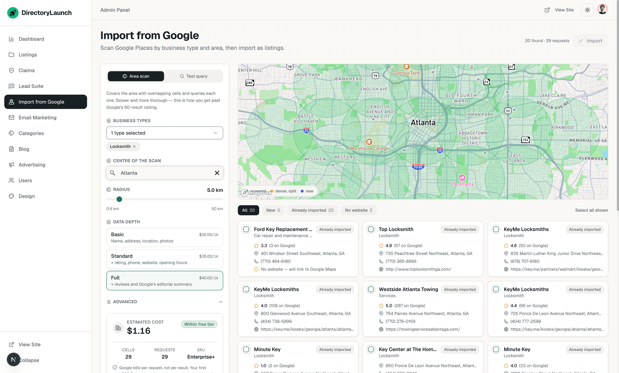 The Import from Google admin screen — a locksmith scan over Atlanta with overlapping scan cells on the map, a live cost estimate of $1.16 within the free tier, and the found businesses listed below with their Google ratings