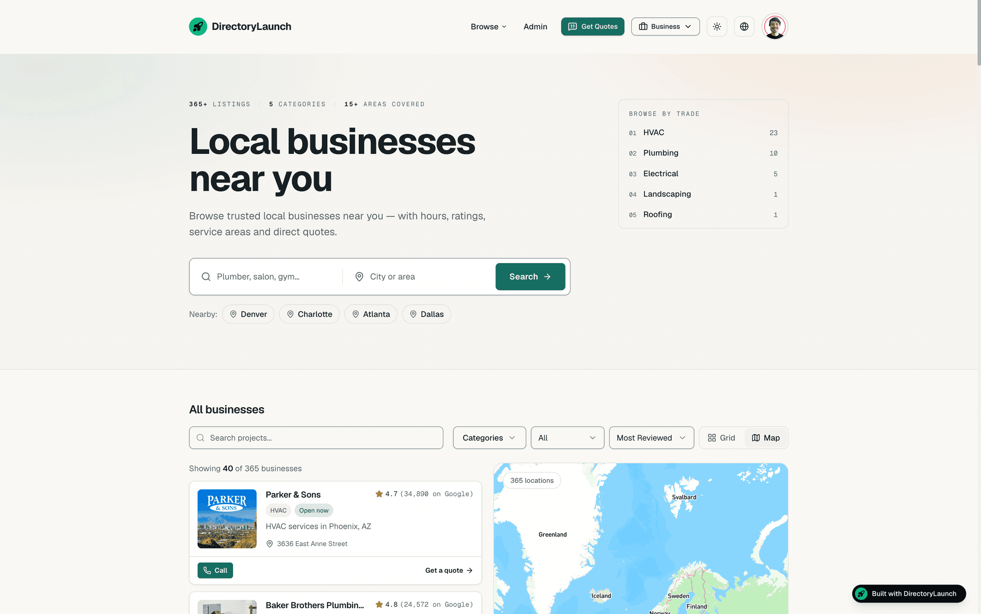 The index homepage hero — “Local businesses near you” with live listing counts and a browse-by-trade panel — above the split Map view of the catalogue