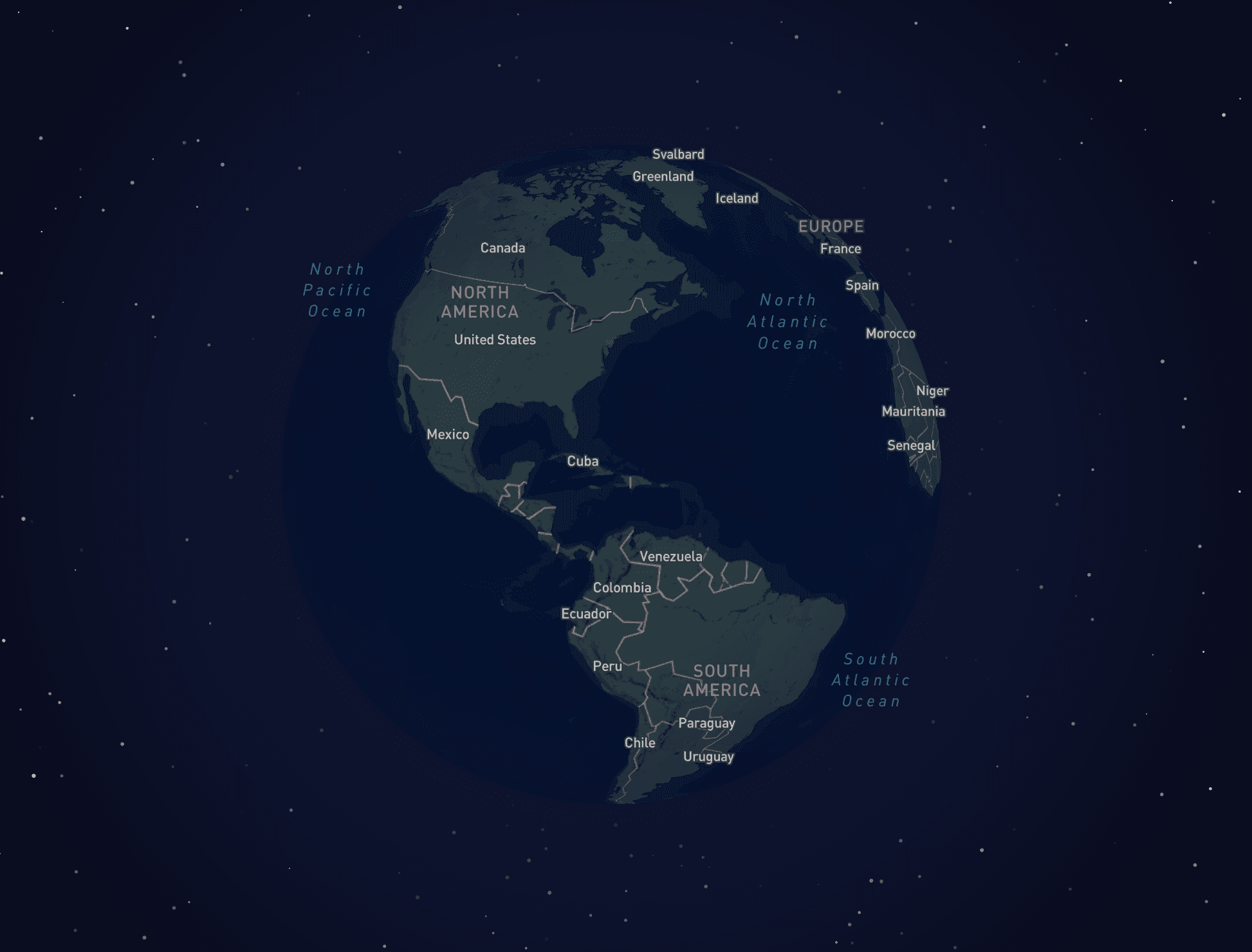 Interactive globe showing the directory with country labels over a starfield