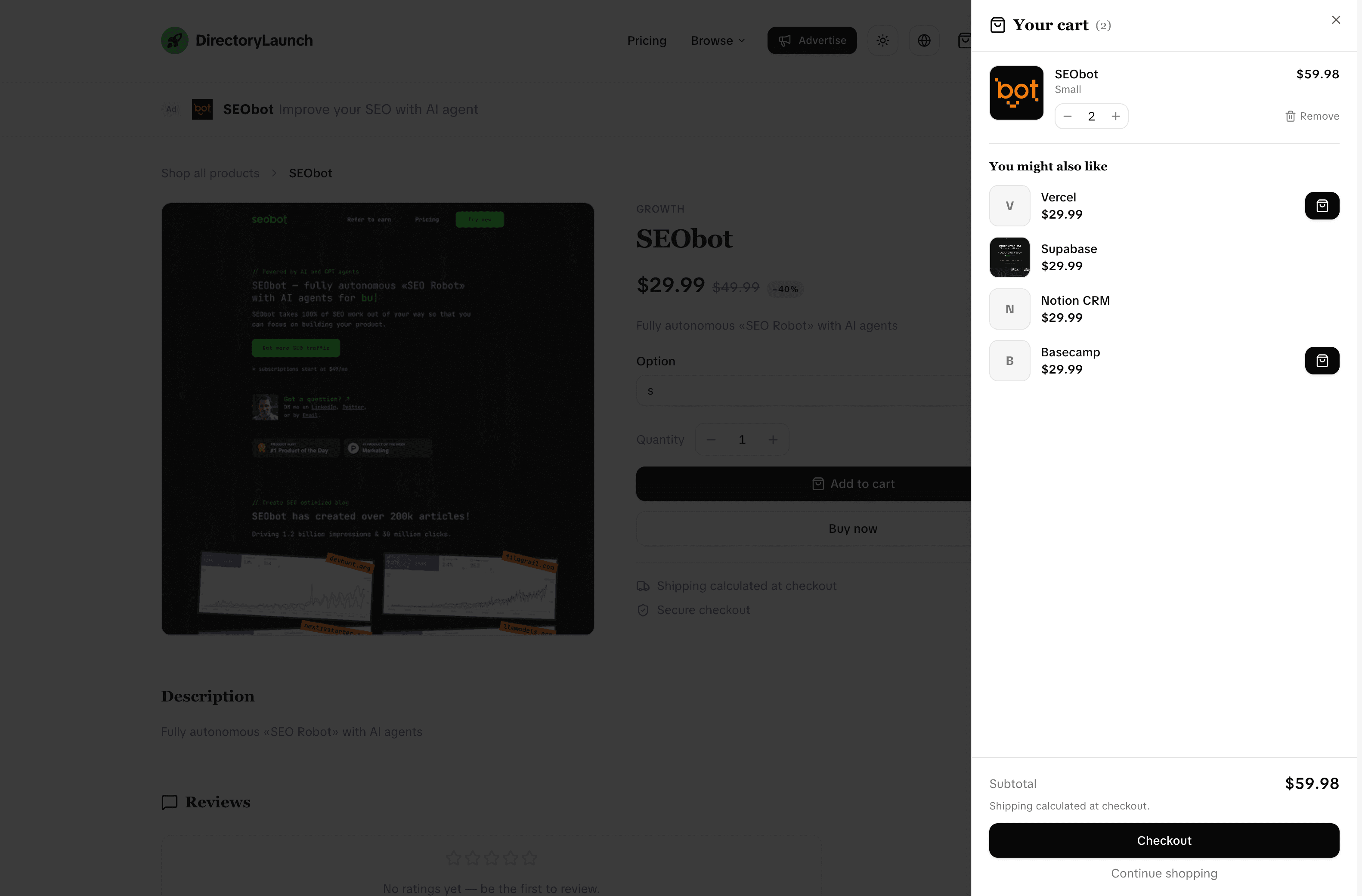 Product page with a slide-out cart drawer showing line items, recommendations and a checkout button