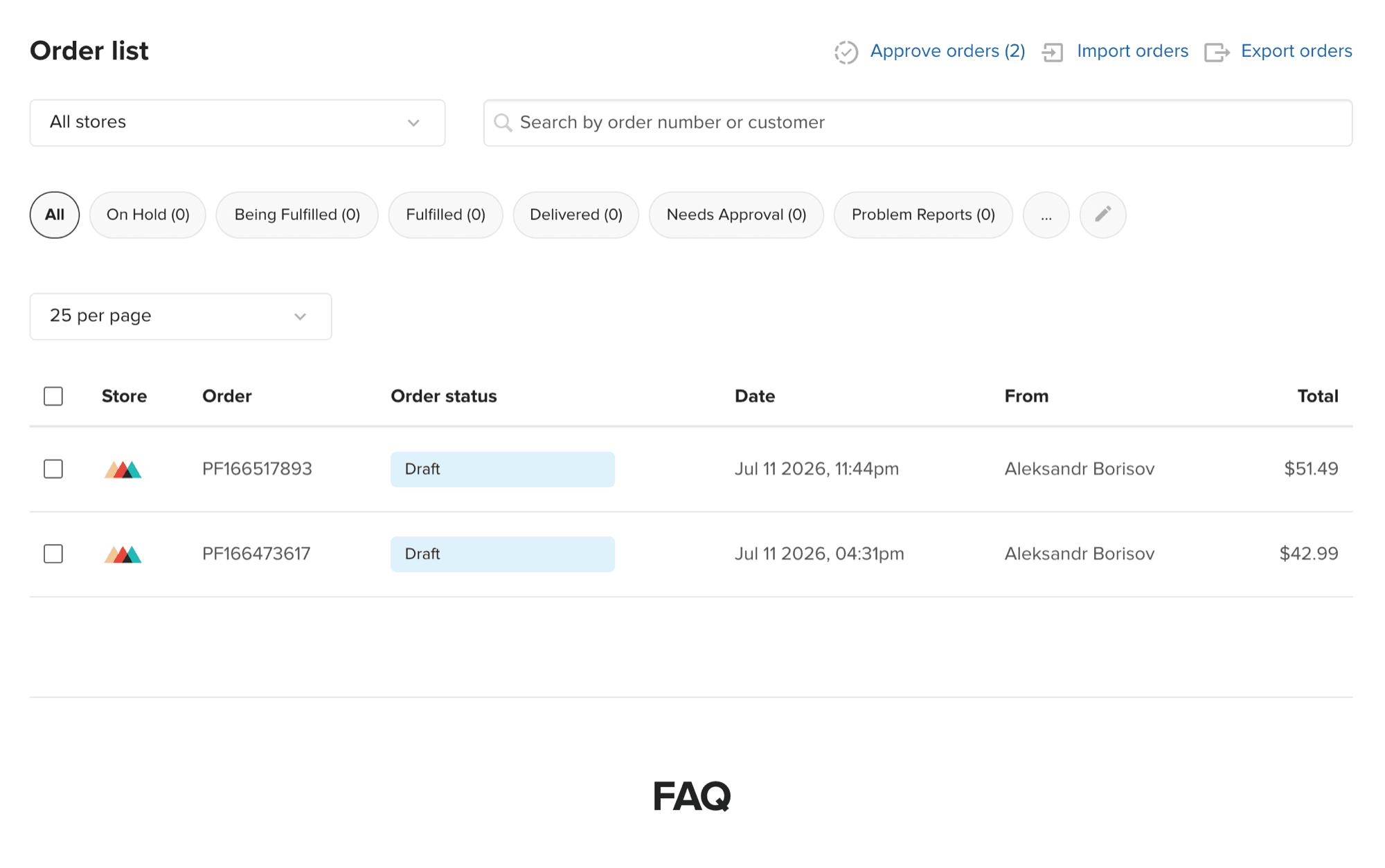 Printful dashboard order list showing paid orders submitted from the store as drafts