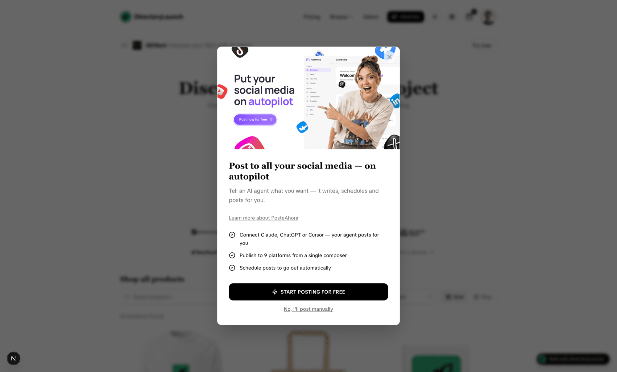 Full-screen promotional modal with an image, headline, benefit bullets and a primary call-to-action button