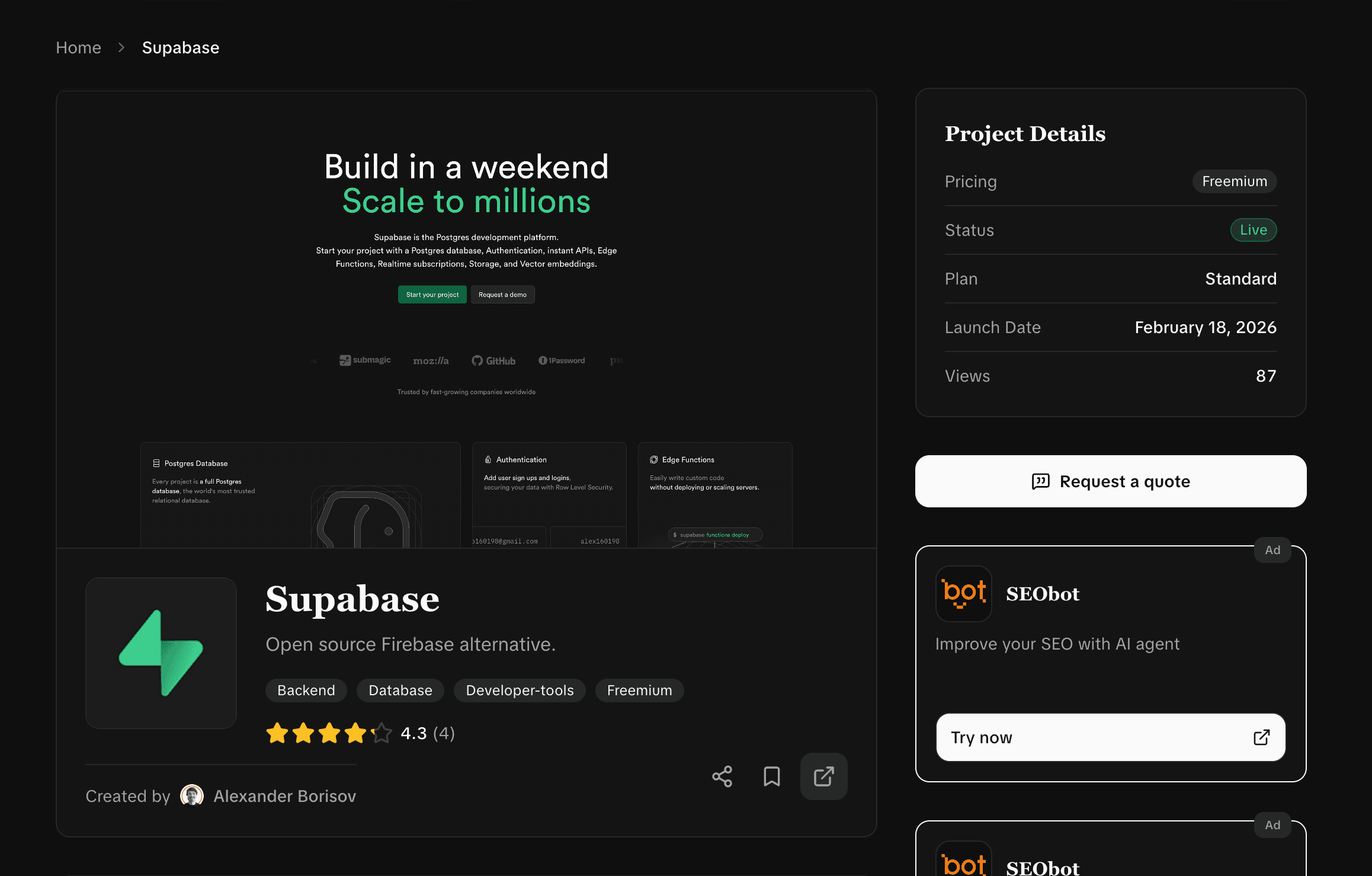 Listing detail page with a Request a quote button in the Project Details sidebar