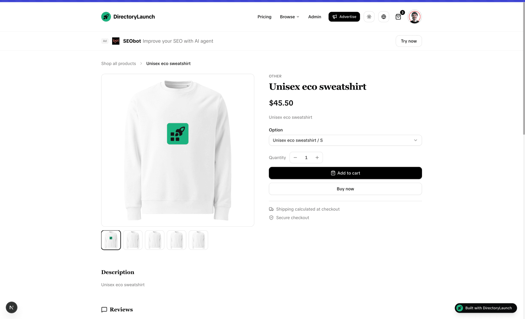 Storefront product page for a print-on-demand sweatshirt with a variant picker and buy box